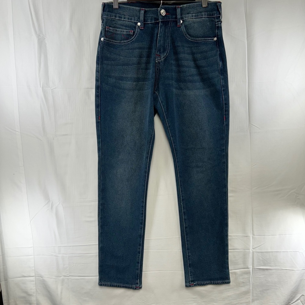 True Religion Geno Relaxed Slim Jeans Mens 30 Dark Wash Blue Red Stitch